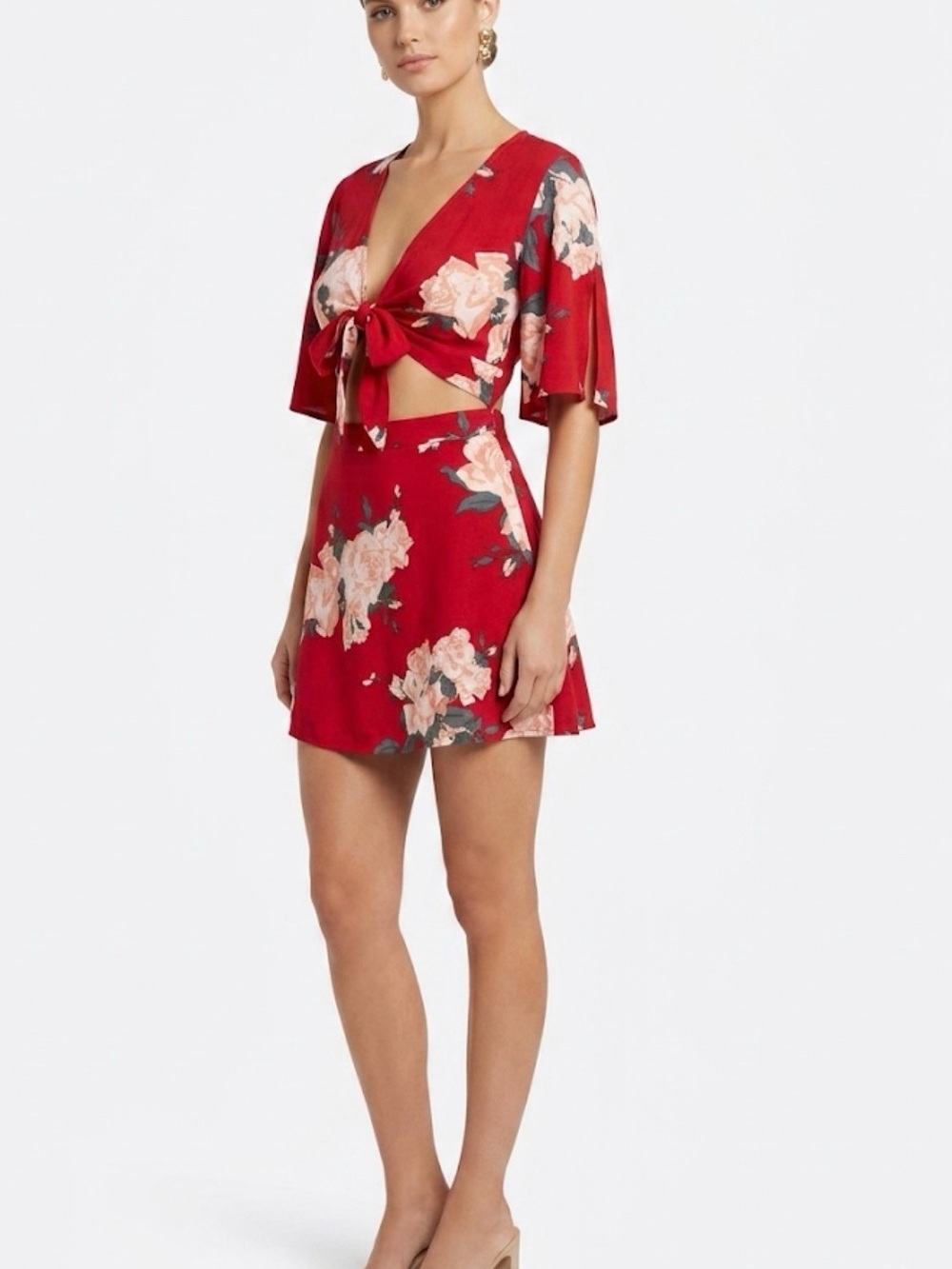 Tobi Red Floral Tie-Front Mini Dress